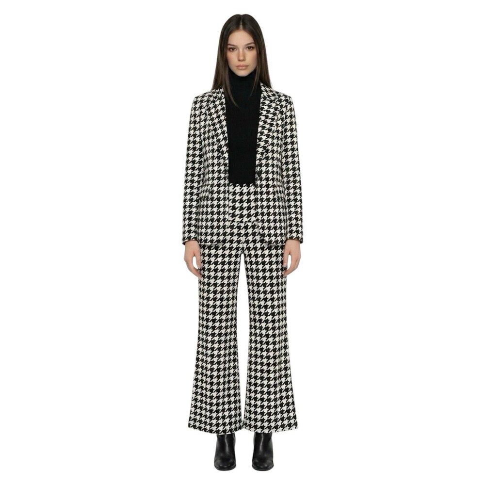 Chicme XL Houndstooth Flare Pants High Waist Stretch Black White Retro - Picture 2 of 16